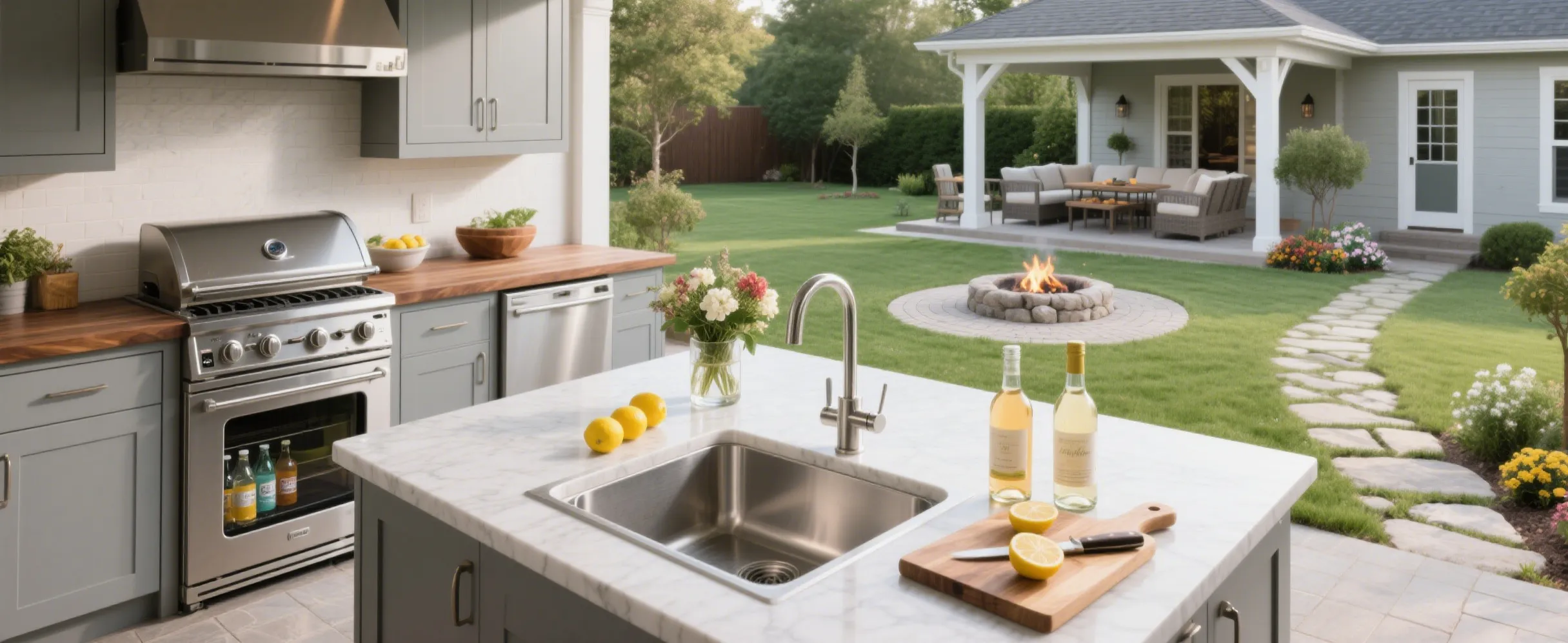 Minimalist black kitchen island with rectangular stainless steel sink, silver faucet, bright windows, white walls, and small plant decoration
